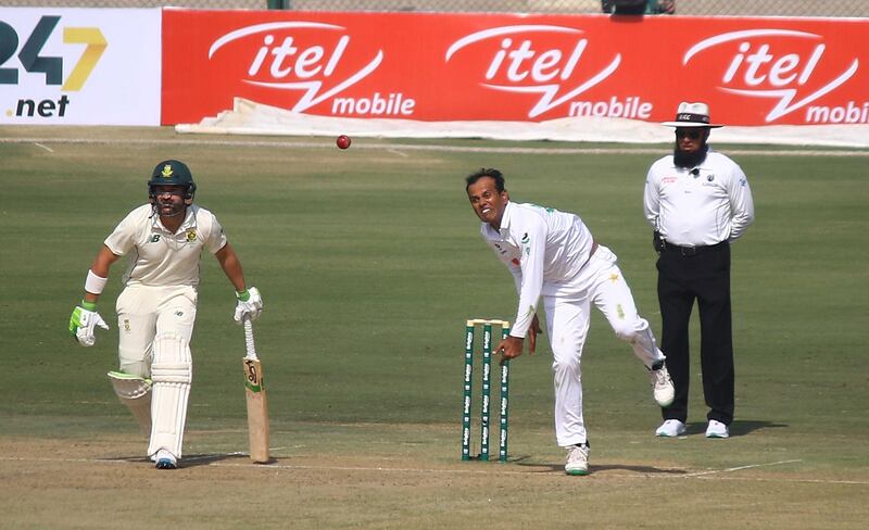 Nauman Ali bowling on his Pakistan debut. EPA