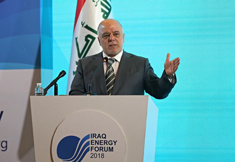 Iraq's Prime Minister Haider al-Abadi speaks at a press conference, at the Iraq Energy Forum in Baghdad, Iraq, Wednesday, March 28, 2018. (AP Photo/Karim Kadim)