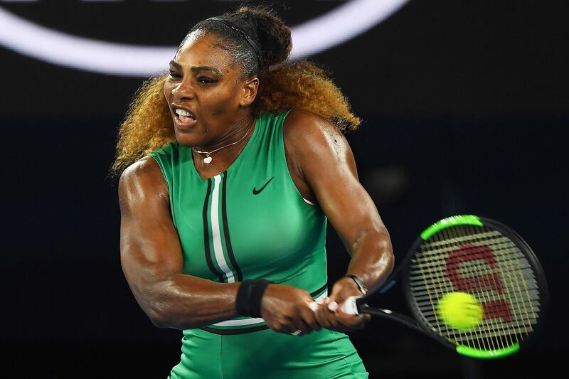 epa07292620 Serena Williams of the USA in action against Eugenie Bouchard of Canada during their women's second round match of the Australian Open Grand Slam tennis tournament in Melbourne, Australia, 17 January 2019.  EPA/JULIAN SMITH AUSTRALIA AND NEW ZEALAND OUT