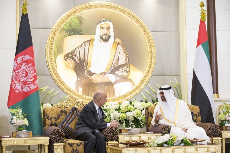 Sheikh Mohammed bin Zayed meets with with the current Afghan president Ashraf Ghani at Mushrif Palace in 2015. Ryan Carter / Crown Prince Court - Abu Dhabi
