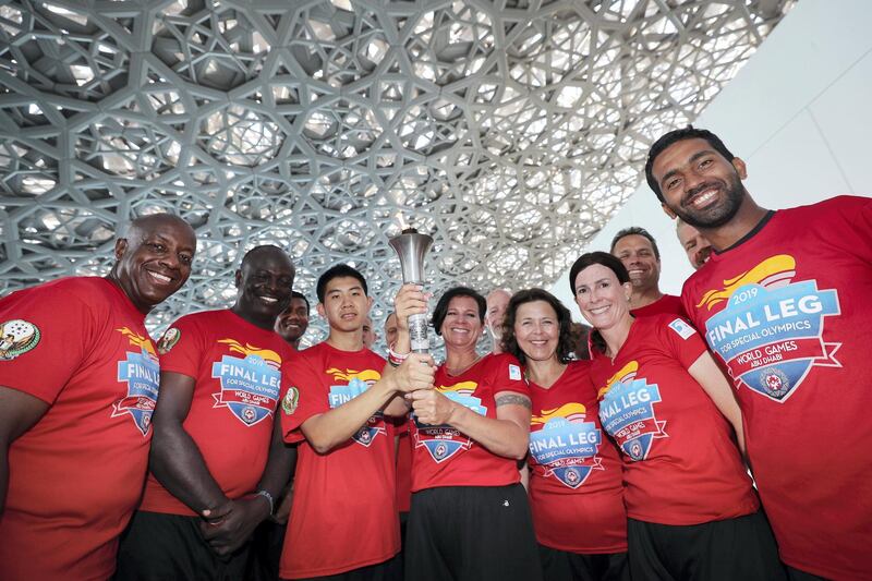 Abu Dhabi, United Arab Emirates - March 13, 2019: The arrival of Special Olympic torch team at Louvre Abu Dhabi. Wednesday the 13th of March 2019 at Louvre, Abu Dhabi. Chris Whiteoak / The National