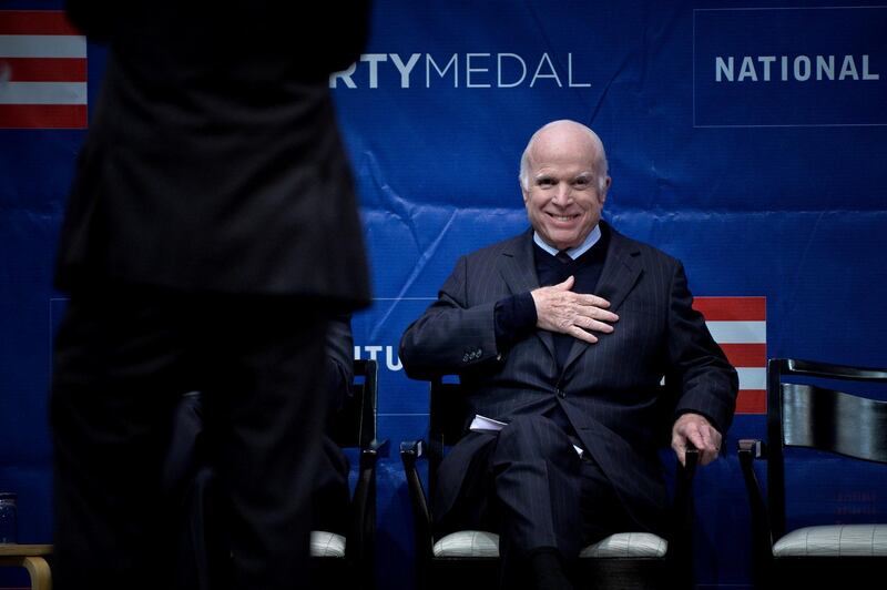 John McCain smiles to the crowd before he is awarded the 2017 Liberty Medal in Philadelphia, Pennsylvania, on October 16, 2017. Reuters