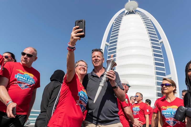 DUBAI, UNITED ARAB EMIRATES. 09 MARCH 2019. The Torch run visits the Burj Al Arab Hotel for a photo opportunity. (Photo: Antonie Robertson/The National) Journalist: Nick Webster. Section: National.