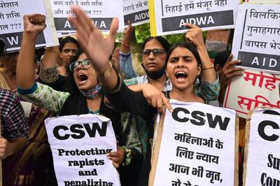 Activists in New Delhi protest against the release of 11 men jailed for raping a pregnant woman during riots in Gujarat in 2002. AFP