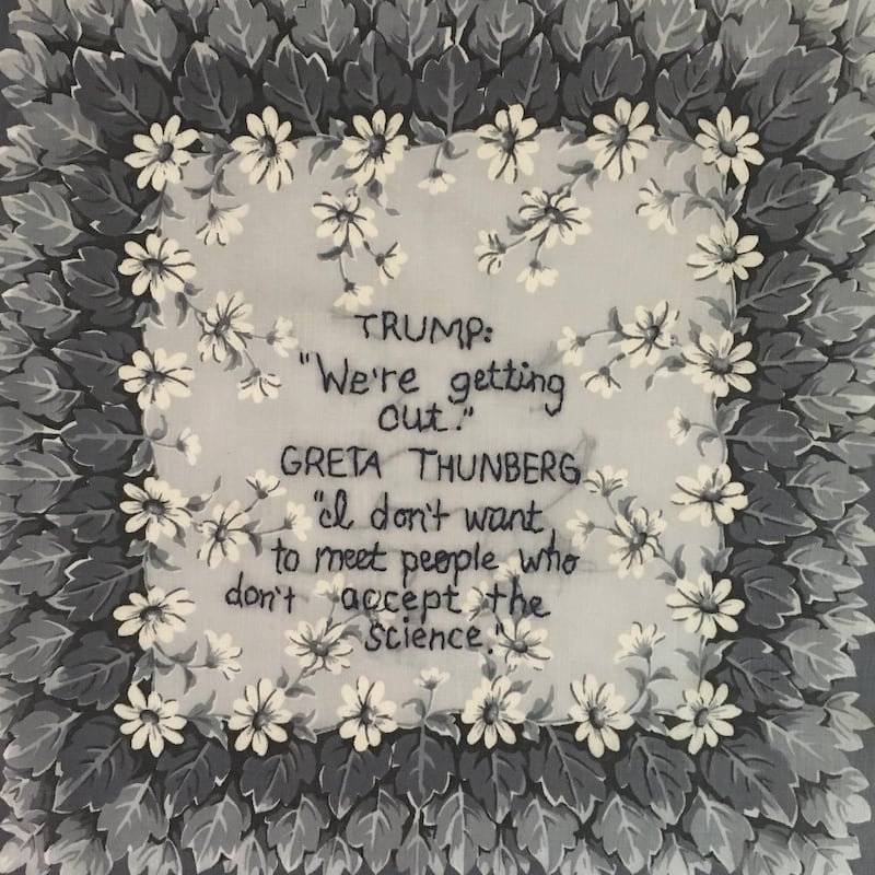 One of Diana Weymar's pieces: Greta Thunberg on science and not meeting US President Donald Trump. Courtesy Tiny Pricks Project