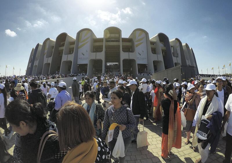 ABU DHABI , UNITED ARAB EMIRATES , February 05 – 2019 :- People coming out of the stadium after the holy mass at the Zayed Sports City in Abu Dhabi. ( Pawan Singh / The National ) For News/Instagram/Big Picture.