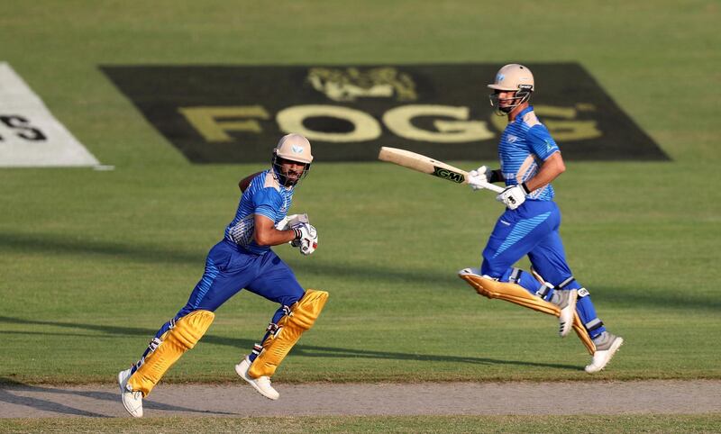 Sharjah, United Arab Emirates - October 17, 2018: Ravi Bopara and Ryan ten Doeschate(R) of the Balkh Legends bats during the game between Balkh Legends and Nangarhar Leopards in the Afghanistan Premier League. Wednesday, October 17th, 2018 at Sharjah Cricket Stadium, Sharjah. Chris Whiteoak / The National