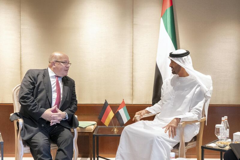 BERLIN, GERMANY - June 12, 2019: HH Sheikh Mohamed bin Zayed Al Nahyan, Crown Prince of Abu Dhabi and Deputy Supreme Commander of the UAE Armed Forces (R), meets with HE Peter Altmaier, Minister for Economic Affairs and Energy of Germany (L), in Berlin.

( Rashed Al Mansoori / Ministry of Presidential Affairs )
---