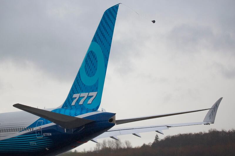 The Boeing 777X airplane taxis for the first flight, which had to be rescheduled due to weather, at Paine Field in Everett, Washington on January 24, 2020. AFP