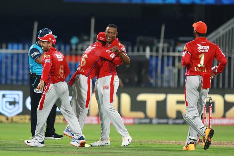 Sheldon Cottrell of Kings XI Punjab celebrtaes the wicket of Jos Buttler  of Rajasthan Royals during match 9 of season 13 of the Indian Premier League (IPL) between Rajasthan Royals and Kings XI Punjab held at the Sharjah Cricket Stadium, Sharjah in the United Arab Emirates on the 27th September 2020.  Photo by: Rahul Gulati  / Sportzpics for BCCI