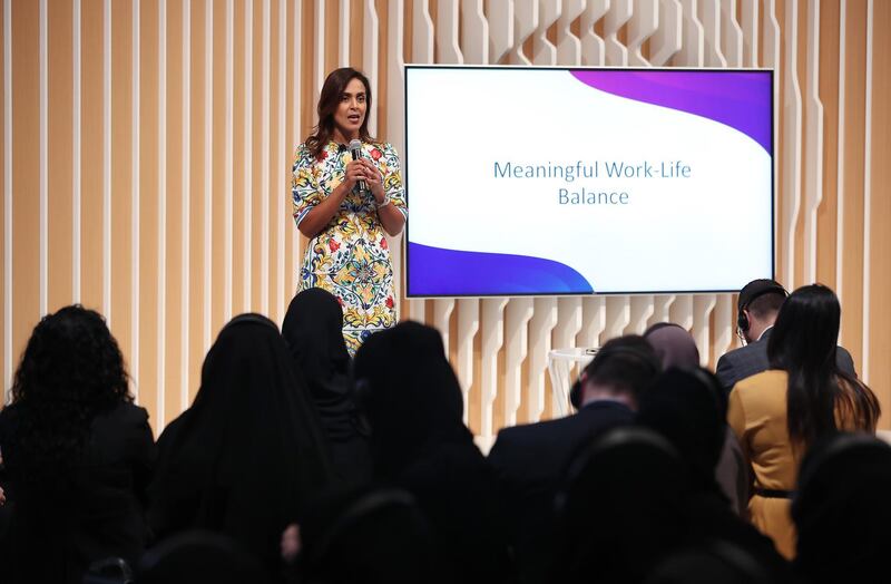 DUBAI, UNITED ARAB EMIRATES , Feb 17  – 2020 :- GHADA OTHMAN, Director of INSEAD Women in Business Club – UAE speaking at the session on ‘MEANINGFUL WORK-LIFE BALANCE’ at the Global Women’s Forum Dubai held at Madinat Jumeirah in Dubai. (Pawan  Singh / The National) For News. Story by Patrick 
