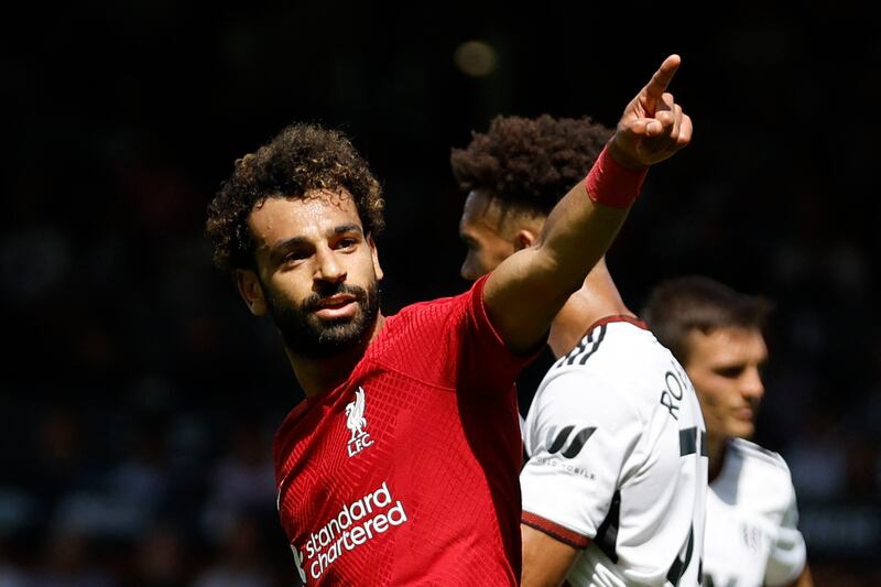 Mohamed Salah of Liverpool celebrates scoring his side's second goal in the 2-2 Premier League draw at Fulham on August 6, 2022. Action Images