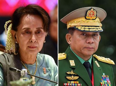 A composite image of State Counsellor Aung San Suu Kyi on the left and on the right General Min Aung Hlaing, commander-in-chief of the Myanmar armed forces. AFP