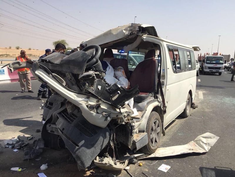 Three people died when the minibus collided with a low-backed lorry on Monday afternoon. Courtesy: Dubai Police