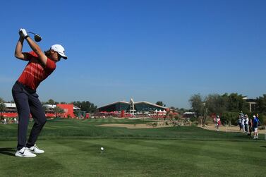 Tommy Fleetwood tees off on the ninth hole during Day Three of the Abu Dhabi HSBC Championship presented by EGA. Getty Images