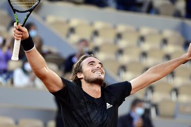 Stefanos Tsitsipas reacts after beating Andrey Rublev in their quarter-final at the French Open. EPA