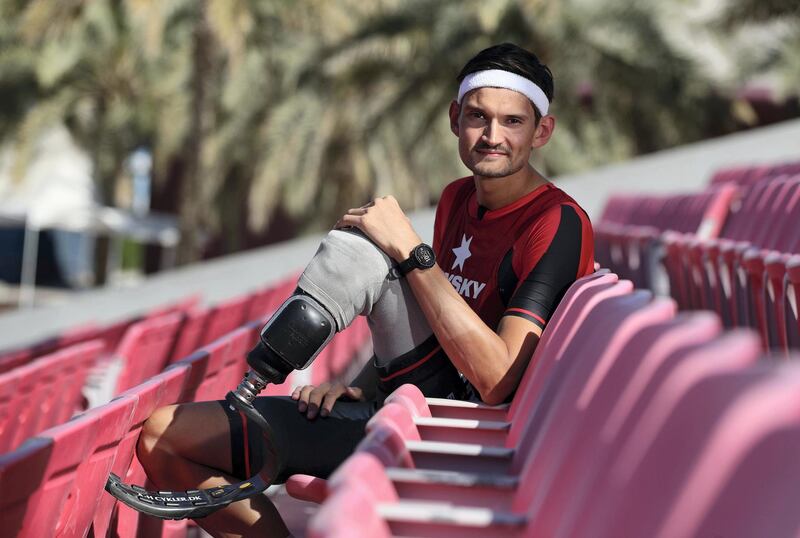 Dubai, United Arab Emirates - February 07, 2019: Para-triathlete Sebastian Jensen trains for the Abu Dhabi triathlon and hopes to make the paralympics in Tokyo. Thursday the 7th of February 2019 in Sports City, Dubai. Chris Whiteoak / The National