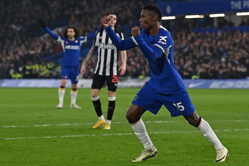 Nicolas Jackson celebrates after scoring the opening goal for Chelsea. AFP