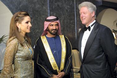 Sheikh Mohammed bin Rashid, Vice President and Ruler of Dubai, centre, with Queen Rania of Jordan and former US president Bill Clinton. Getty