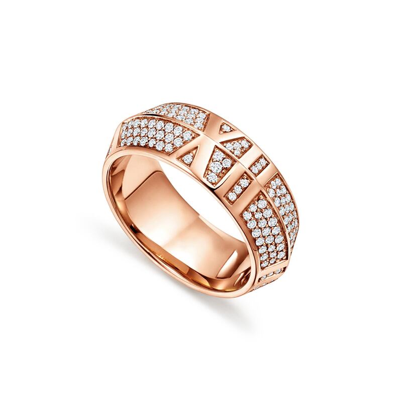 Atlas X closed wide ring in 18k rose gold with pavé diamonds_ �7,000, Tiffany & Co