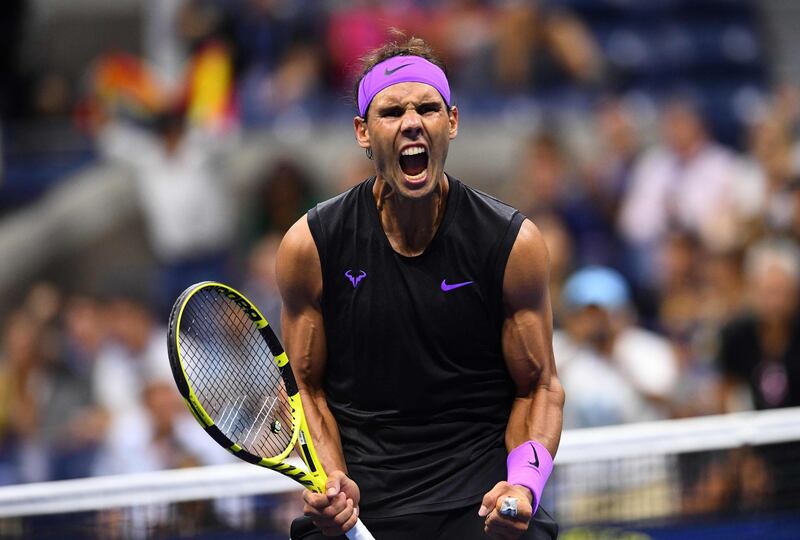 TOPSHOT - Rafael Nadal of Spain reacts after winning against Diego Schwartzman of Argentina during their Men's Singles Quarter-finals match at the 2019 US Open at the USTA Billie Jean King National Tennis Center in New York on September 4, 2019.  / AFP / Johannes EISELE
