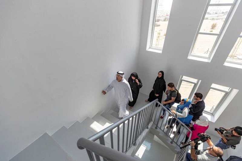 Dubai, United Arab Emirates - October 23, 2019: Dawoud Al Hajri, Director General of Dubai Municipality takes people on a tour. The opening of the largest 3D printed two-story structure in the world. Wednesday the 23rd of October 2019. Warsan, Dubai. Chris Whiteoak / The National
