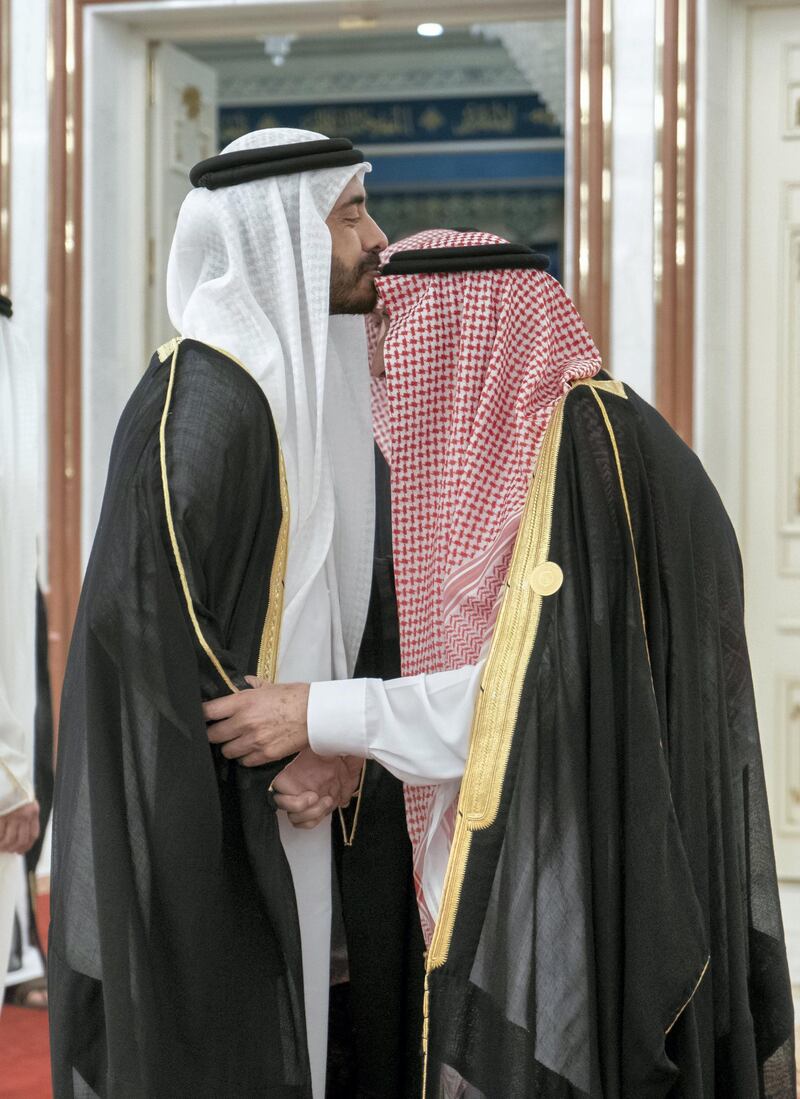 MECCA, SAUDI ARABIA - May 30, 2019: HH Sheikh Abdullah bin Zayed Al Nahyan UAE Minister of Foreign Affairs and International Cooperation (L), greets HM King Salman Bin Abdulaziz Al Saud of Saudi Arabia and Custodian of the Two Holy Mosques (R), during the UAE delegation to the Gulf Cooperation Council (GCC) emergency summit in Mecca.

( Rashed Al Mansoori / Ministry of Presidential Affairs )
---