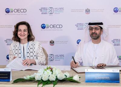 Dubai, United Arab Emirates, March 11, 2019.  The UAE is celebrating 30 years of signing Double Taxation Avoidance Agreements (DTA) and Bilateral Investment Treaties (BIT)  The signing of the MOU of cooperation.. -- (L-R)    Grace Perez Navarro, Deputy Director of the OECD- Centre for Tax Policy and   H.E. Younis Haji Al Khoori, Undersecretary, Ministry of Finance.
Administration.
Victor Besa/The National
Reporter:  Nada El Sawy
Section:  BZ