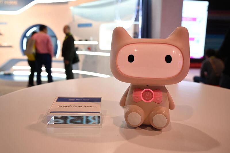 The TMall Genie personal assistant speaker for children is displayed at the Alibaba booth. AFP