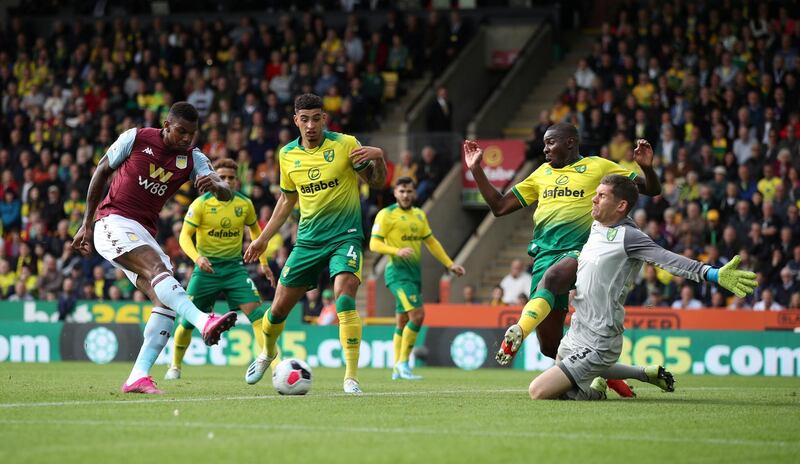 Soccer Football - Premier League - Norwich City v Aston Villa - Carrow Road, Norwich, Britain - October 5, 2019  Aston Villa's Wesley scores their first goal   REUTERS/Chris Radburn  EDITORIAL USE ONLY. No use with unauthorized audio, video, data, fixture lists, club/league logos or "live" services. Online in-match use limited to 75 images, no video emulation. No use in betting, games or single club/league/player publications.  Please contact your account representative for further details.