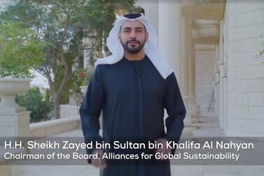 A screen grab from a video featuring Sheikh Zayed bin Sultan, Chairman of the Board for Alliances for Global Sustainability, and others, confirming their commitment to sustainable practices. Courtesy Masdar