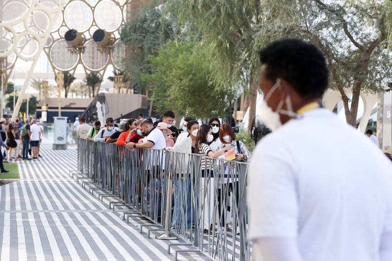 People wait to enter the UAE pavilion. Khushnum Bhandari/ The National