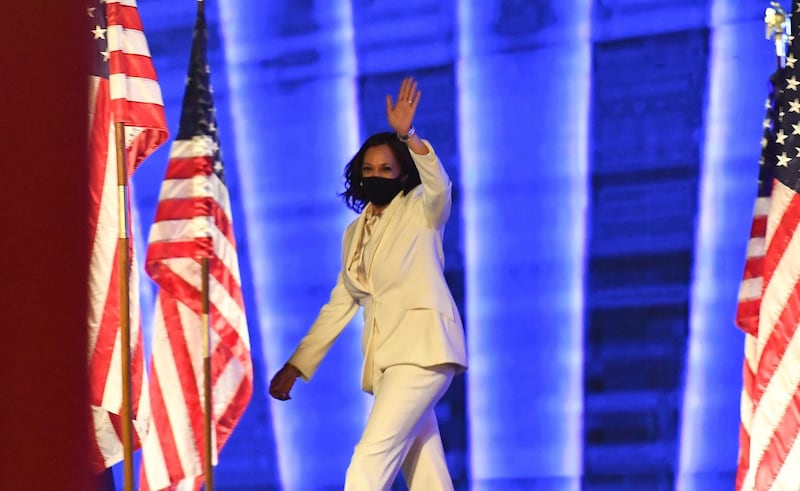 Vice president-elect Kamala Harris arrives to deliver remarks before introducing the US president-elect Joe Biden in Wilmington, Delaware. AFP