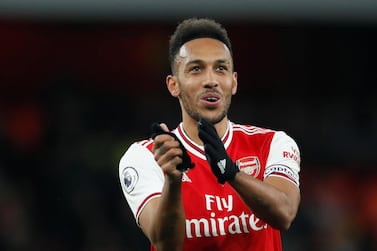 Soccer Football - Premier League - Arsenal v Everton - Emirates Stadium, London, Britain - February 23, 2020 Arsenal's Pierre-Emerick Aubameyang applauds fans after the match REUTERS/David Klein EDITORIAL USE ONLY. No use with unauthorized audio, video, data, fixture lists, club/league logos or "live" services. Online in-match use limited to 75 images, no video emulation. No use in betting, games or single club/league/player publications. Please contact your account representative for further details.