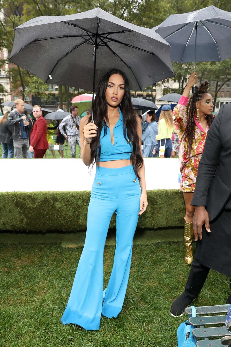 Megan Fox in a blue Moschino two piece for the brand's spring/summer 2022 show in New York City on September 9, 2021. AFP