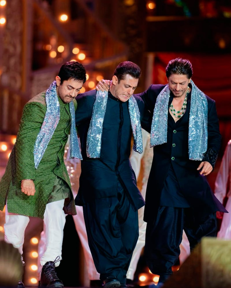 Bollywood stars Amir Khan, Salman Khan and Shah Rukh Khan got together for a rare reunion. Photo: Reliance Industries