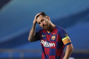 epa08604433 Lionel Messi of Barcelona reacts during the UEFA Champions League quarter final match between Barcelona and Bayern Munich in Lisbon, Portugal, 14 August 2020. EPA/Manu Fernandez / POOL