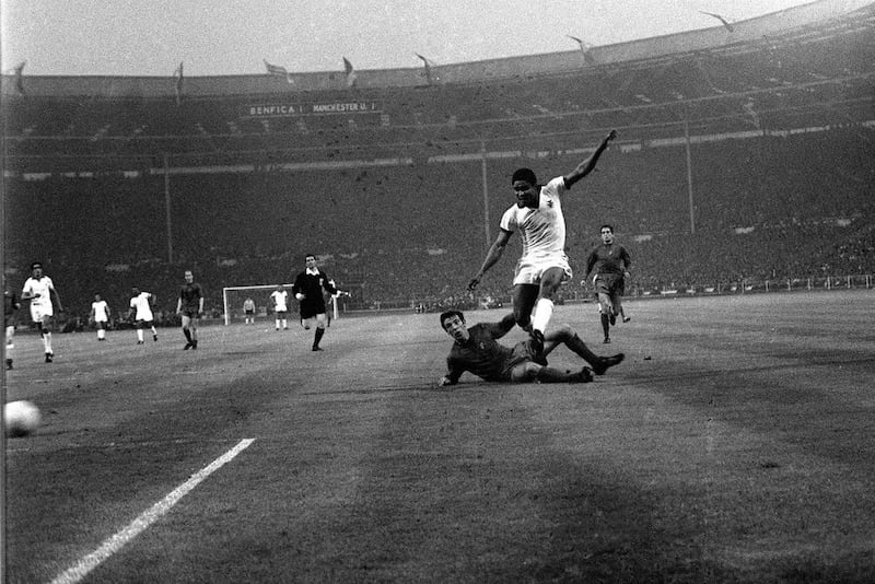 Eusebio shoots during the 1968 European Cup final at Wembley which Manchester United won 4-1 over Benfica. PA News Photo