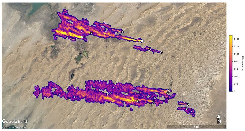 This satellite image shows 12 methane plumes streaming westward for more than 32 kilometres east of Hazar, Turkmenistan. Nasa