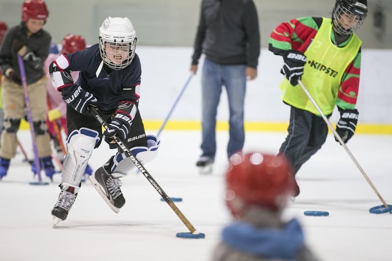 Abu Dhabi’s first Ringette squad, the Rafales, practise at the ice rink at Zayed Sports City. They are guided by two volunteers, Finnish woman Merja Hedman and Frenchman Eric Muchery. Mona Al Marzooqi / The National