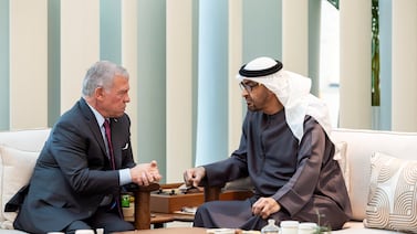 President Sheikh Mohamed meeting with King Abdullah II of Jordan at Al Shati Palace in Abu Dhabi on Thursday. Ryan Carter / UAE Presidential Court