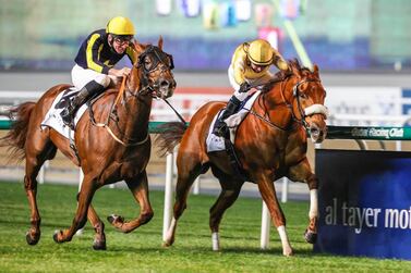 Tadhg O’Shea on Imperial Empire (far side) holds on to win from Adrie de Vries atop Kanood at Meydan. Courtesy Dubai Racing Club