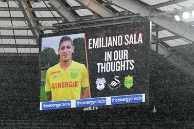 An LED screen shows a tribute to Emiliano Sala prior to the FA Cup Fourth Round match between Swansea City and Gillingham at Liberty Stadium on January 26, 2019. Getty Images