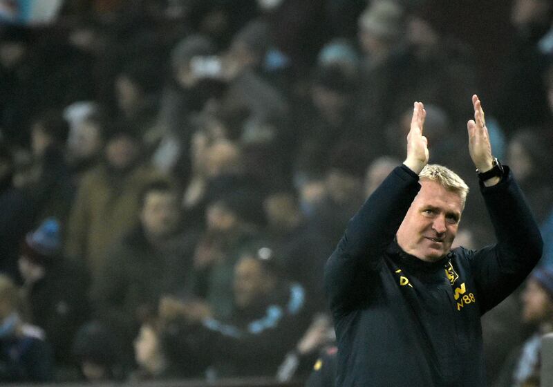 Aston Villa's head coach Dean Smith applauds supporters. AP