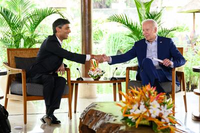 UK Prime Minister Rishi Sunak speaks to US President Joe Biden during a bilateral meeting at the G20 summit in Bali. PA