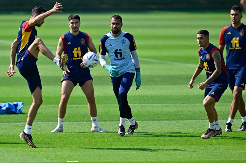 From left: Sergio Busquets, Carlos Soler, Robert Sanchez, Yeremy Pino and Rodri take part in a training session at Qatar University. AFP