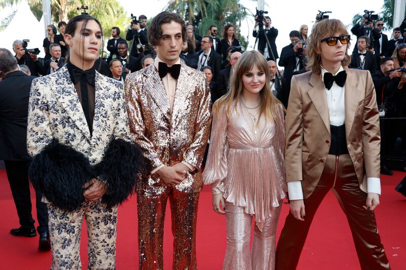 Members of Italian band Maneskin, from left, Ethan Torchio, Damiano David, Victoria De Angelis and Thomas Raggi. EPA