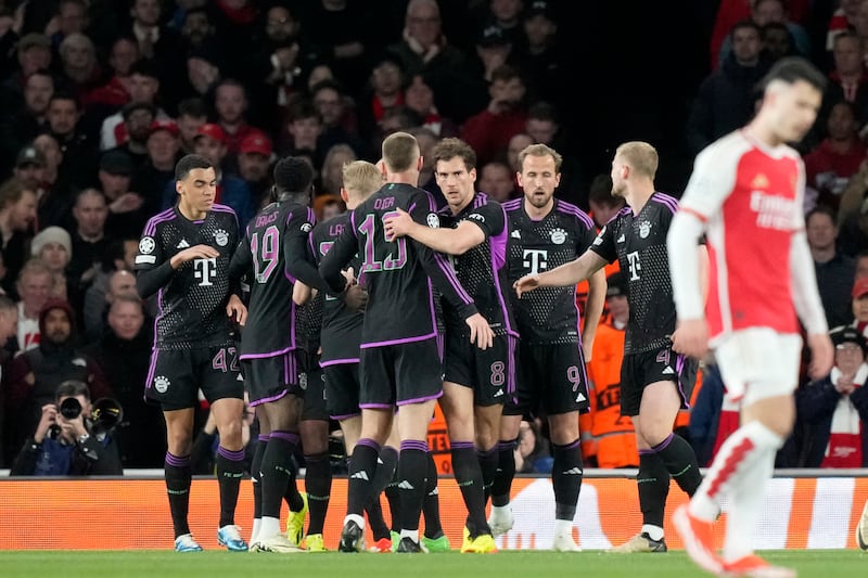 Bayern Munich players celebrate Serge Gnabry's equalising goal against Arsenal. AP