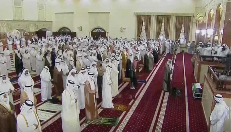 People perform funeral prayers at the body of the late Emir Sheikh Sabah Al Sabah in Kuwait City, Kuwait.  Reuters