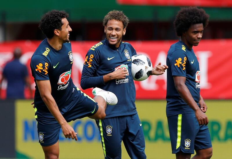 Soccer Football - World Cup - Brazil Training - Ernst Happel Stadium, Vienna, Austria - June 9, 2018   Brazil's Marquinhos, Neymar and Willian during training   REUTERS/Leonhard Foeger